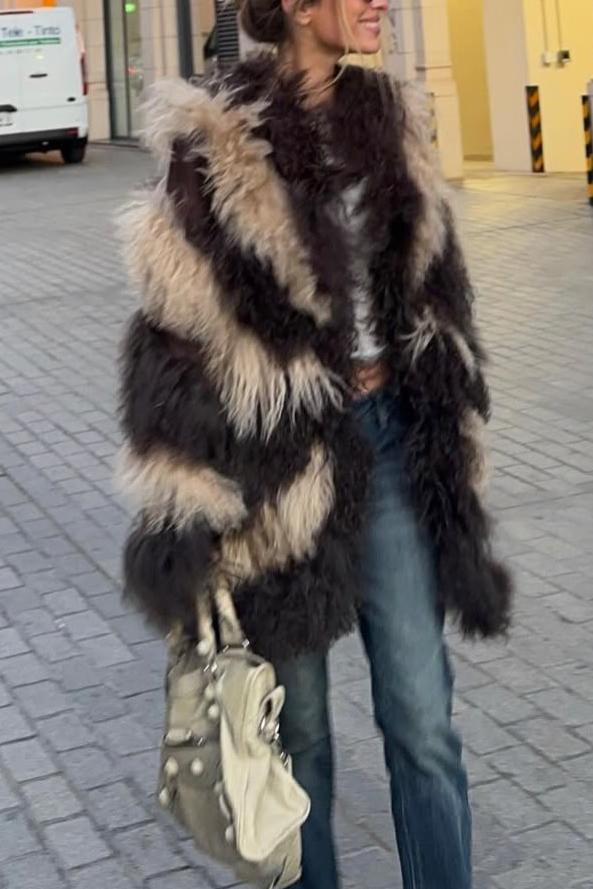 Two-Tone Long Pile Faux Fur Coat
