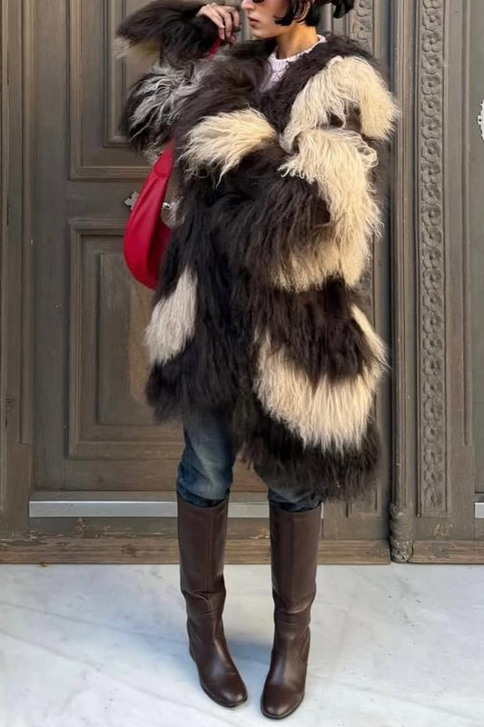 Two-Tone Long Pile Faux Fur Coat