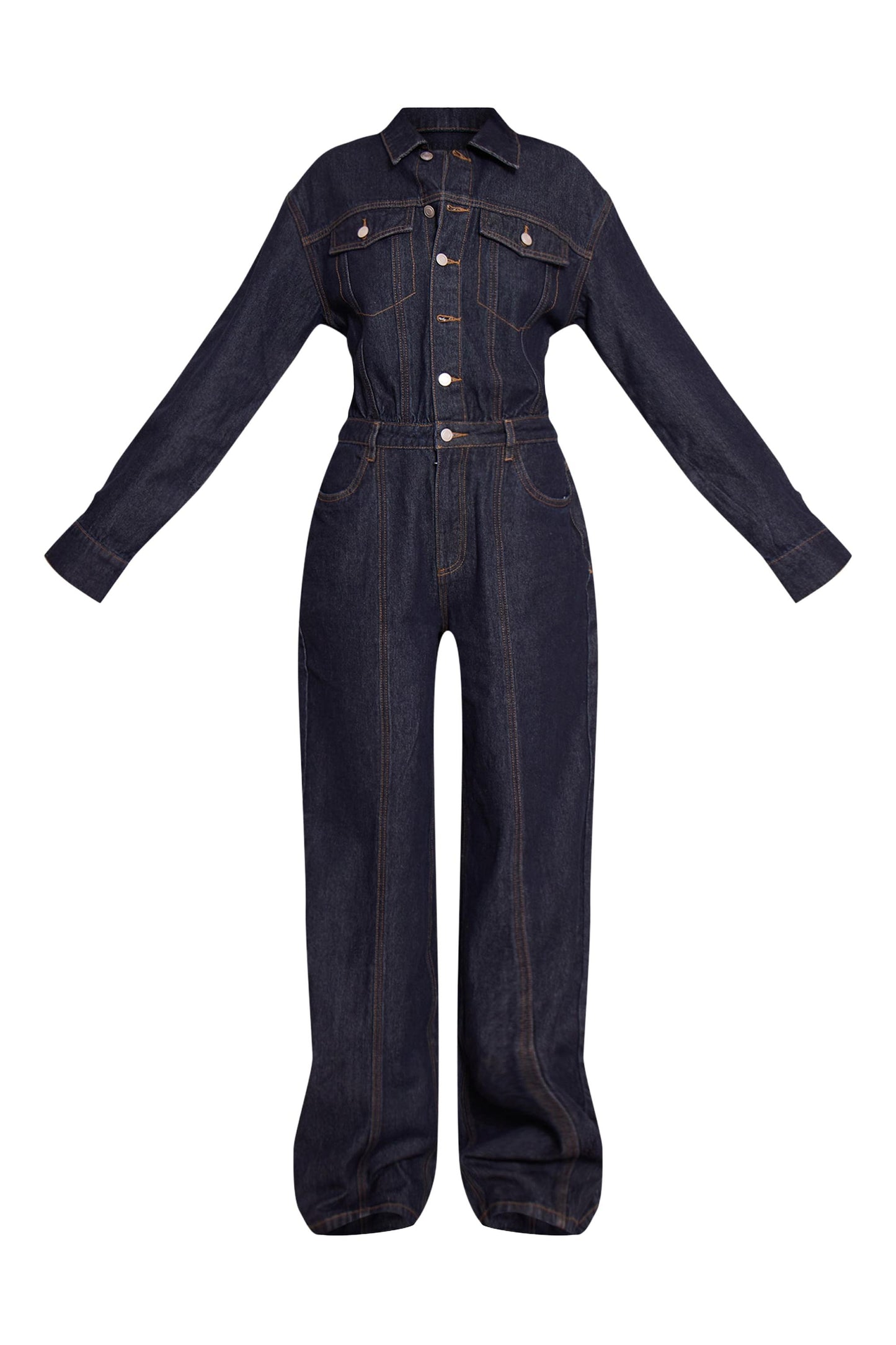 Tall Indigo Contrast Stitch Long Sleeve Denim Jumpsuit