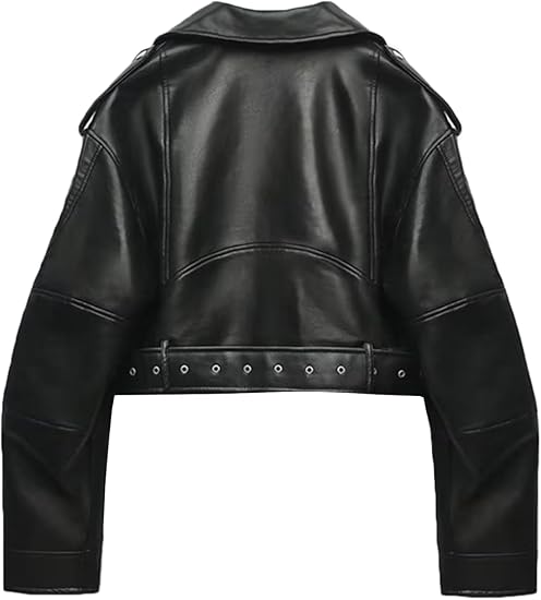 Faux Leather Lapel Zipper Biker Cropped Jacket