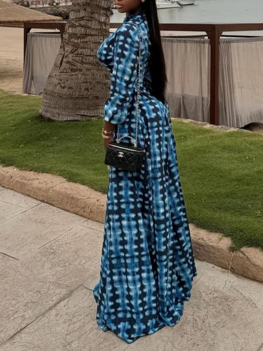 Blue Tie-Dye Button-Front Maxi Dress