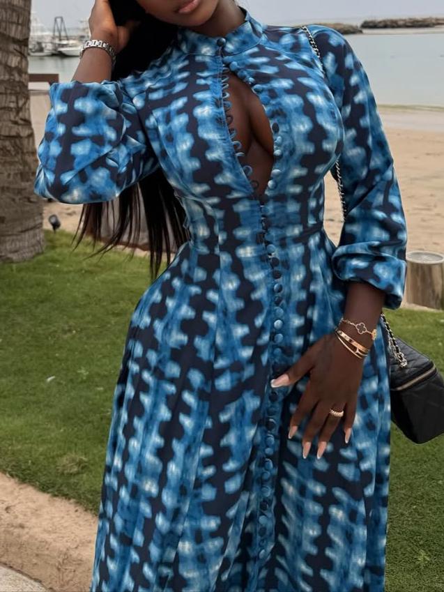 Blue Tie-Dye Button-Front Maxi Dress