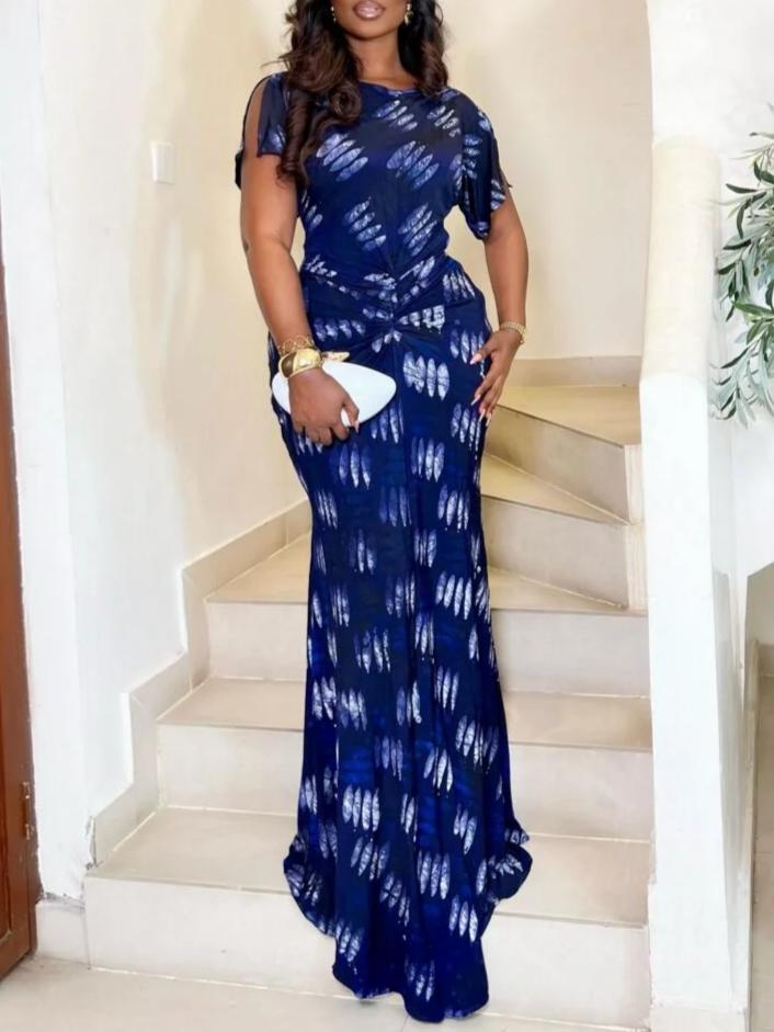 Printed Short-Sleeve Waist-Cinching Maxi Dress