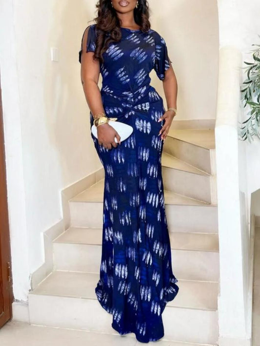 Printed Short-Sleeve Waist-Cinching Maxi Dress