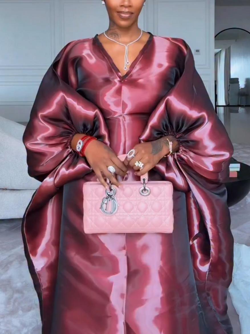 Glossy Satin Statement Maxi Dress with Voluminous Sleeves