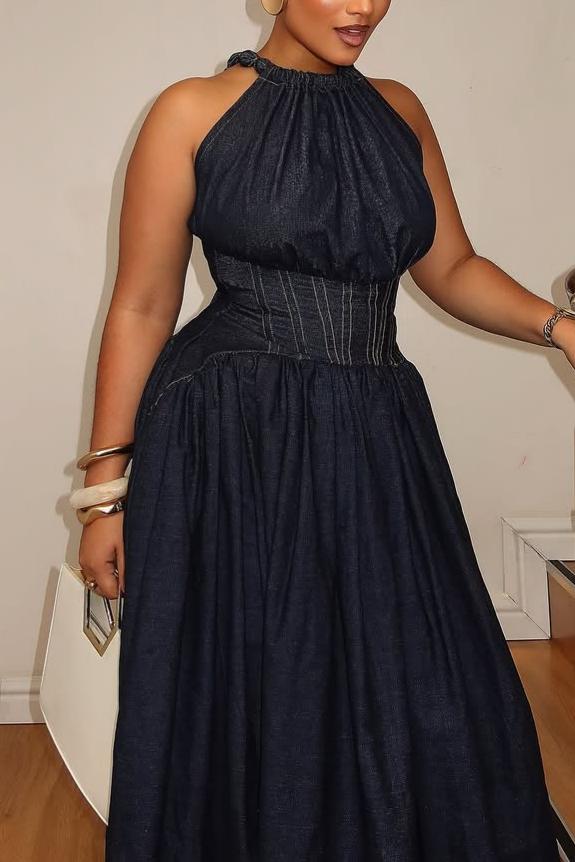Halter Neck Denim Maxi Dress with Cinched Waist