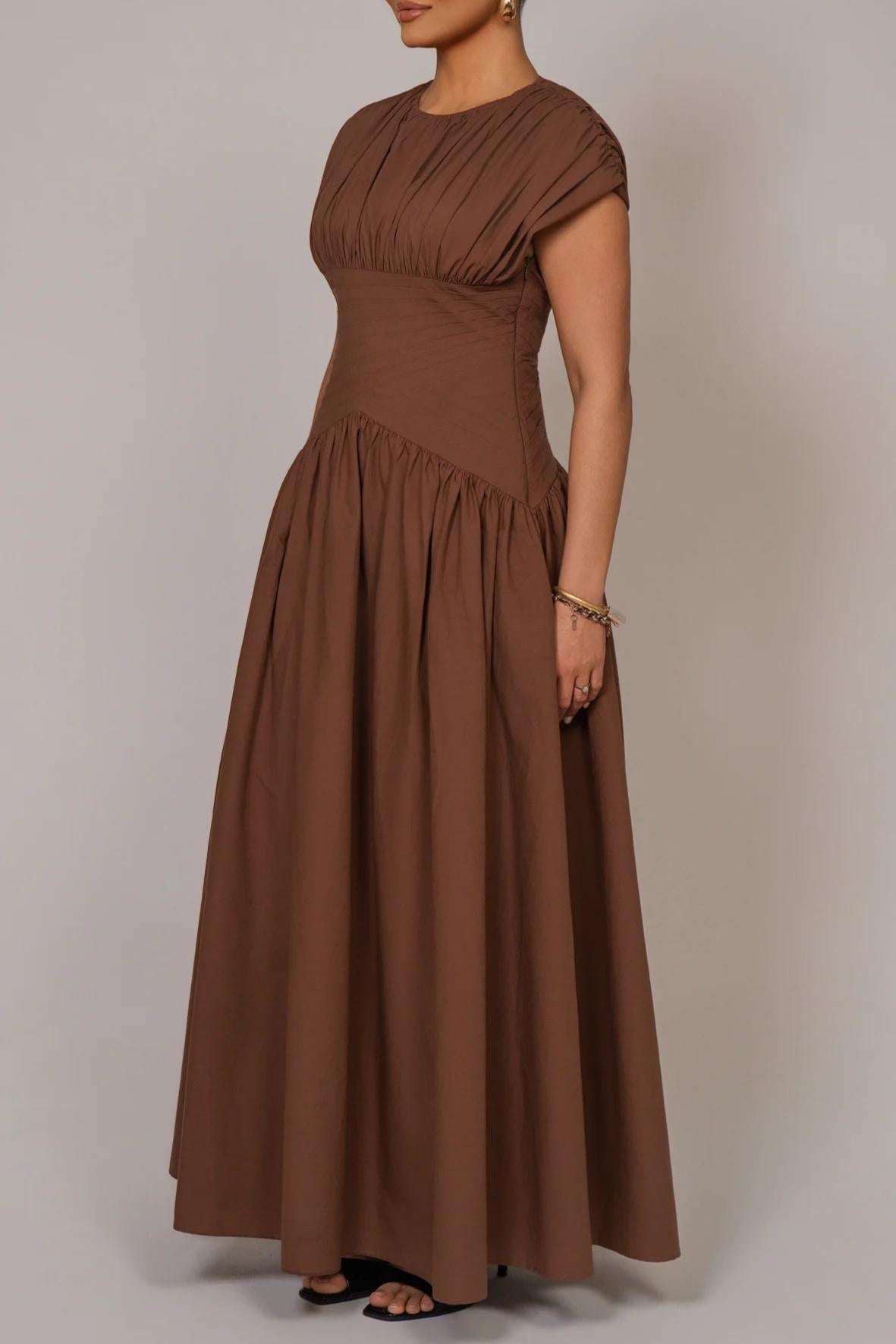 Ruched Waist Brown Maxi Dress