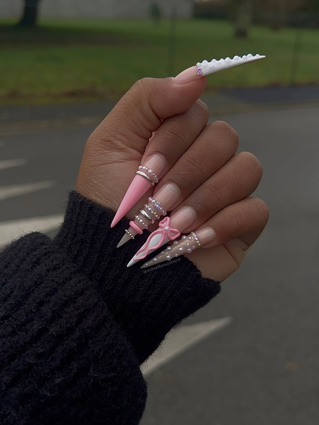 Pink Pearl Bow Stiletto Press-On Nails