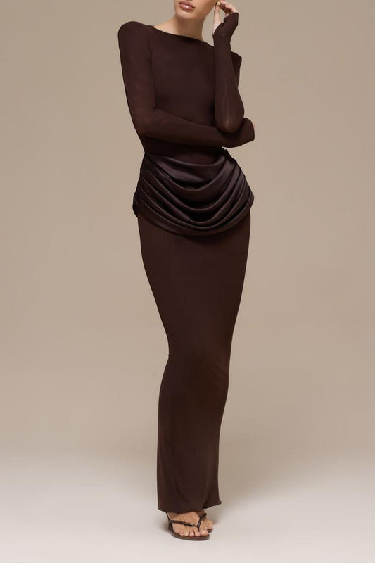 Brown Satin Maxi Dress With Long Sleeves And Ruffles