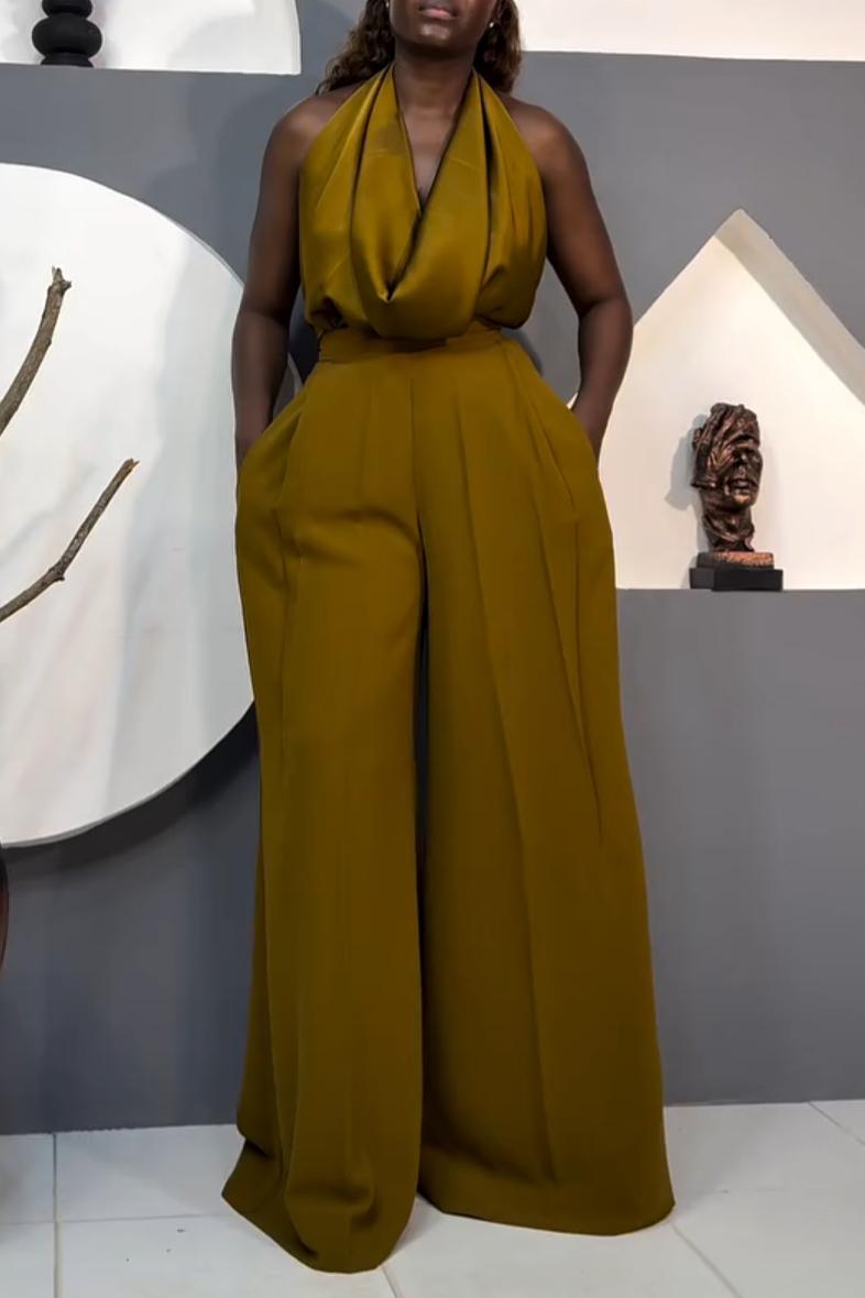 Elegant Satin Halter Neck Wide-Leg Jumpsuit