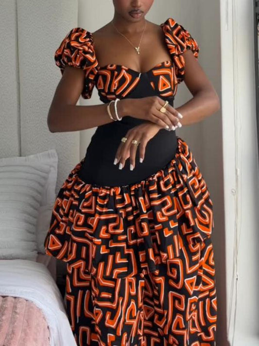 Geometric Print Puff Sleeve Maxi Dress
