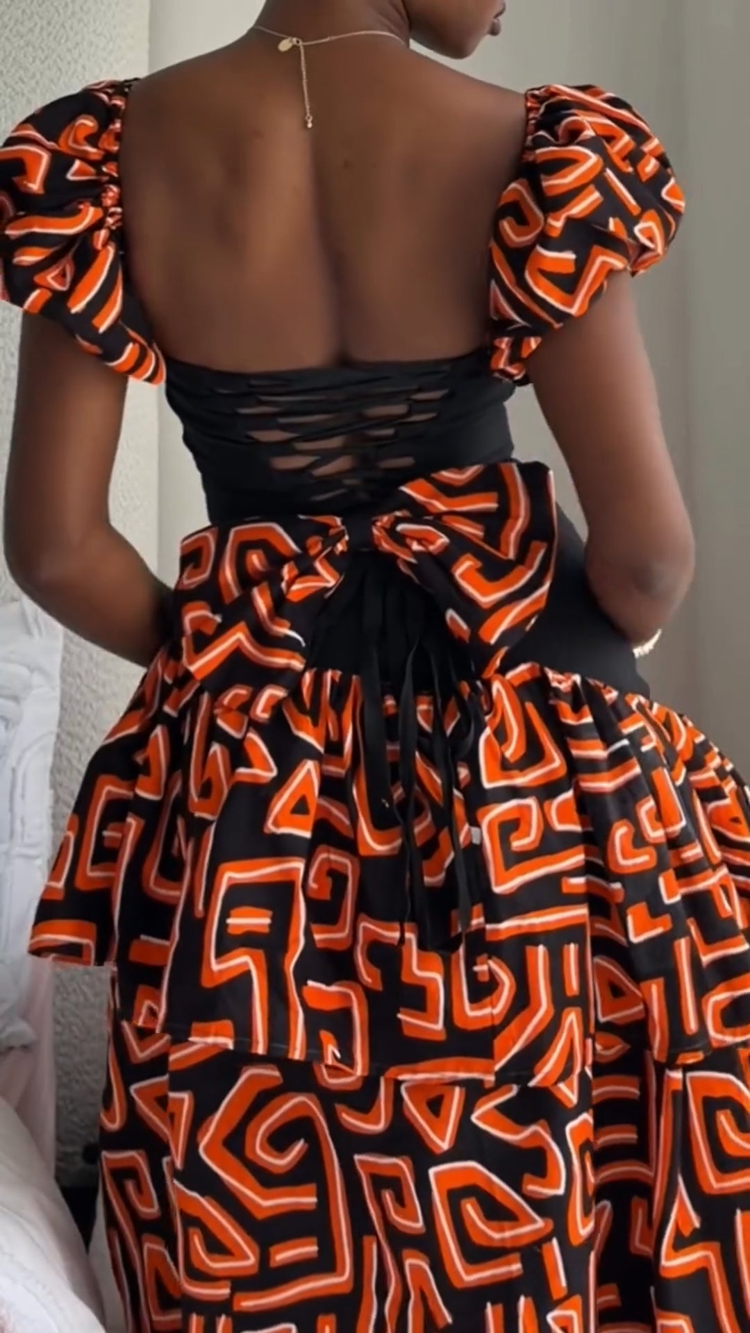 Geometric Print Puff Sleeve Maxi Dress