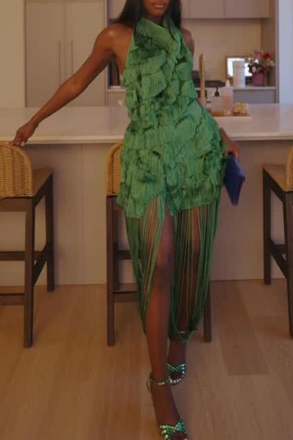 Luxe Fringe High Neck Evening Dress