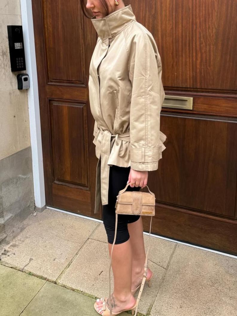 Petite Cream Faux Leather Belted Funnel Neck Coat