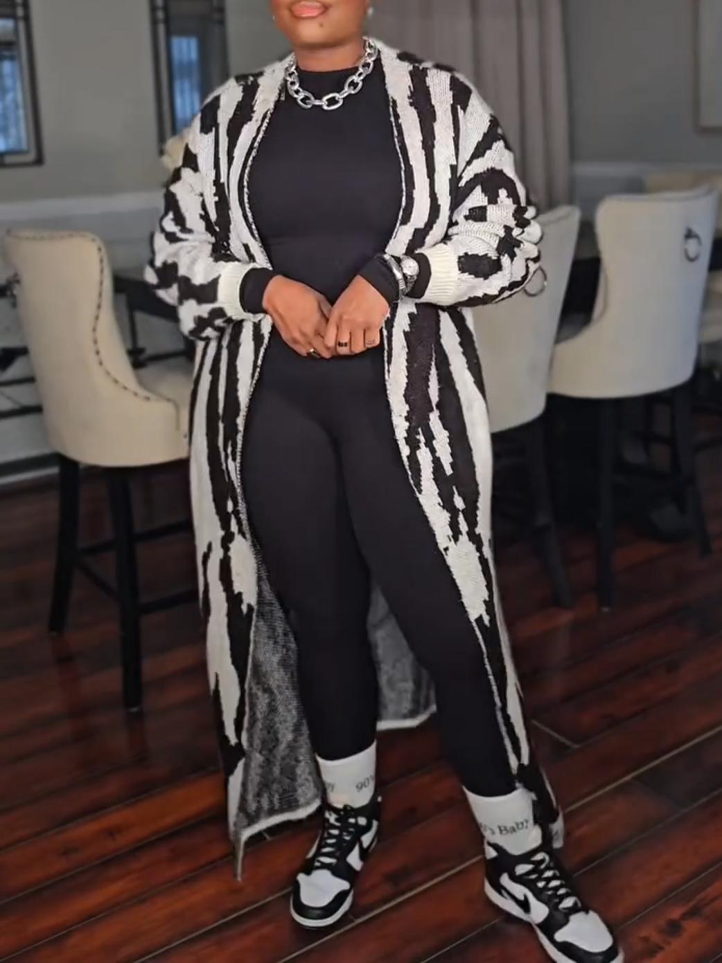 Zebra Striped Pattern Drop Shoulder Duster Cardigan