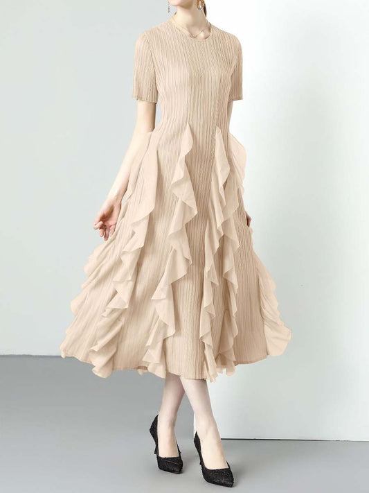 Ruffled Edges Round Neck High Waist Dress