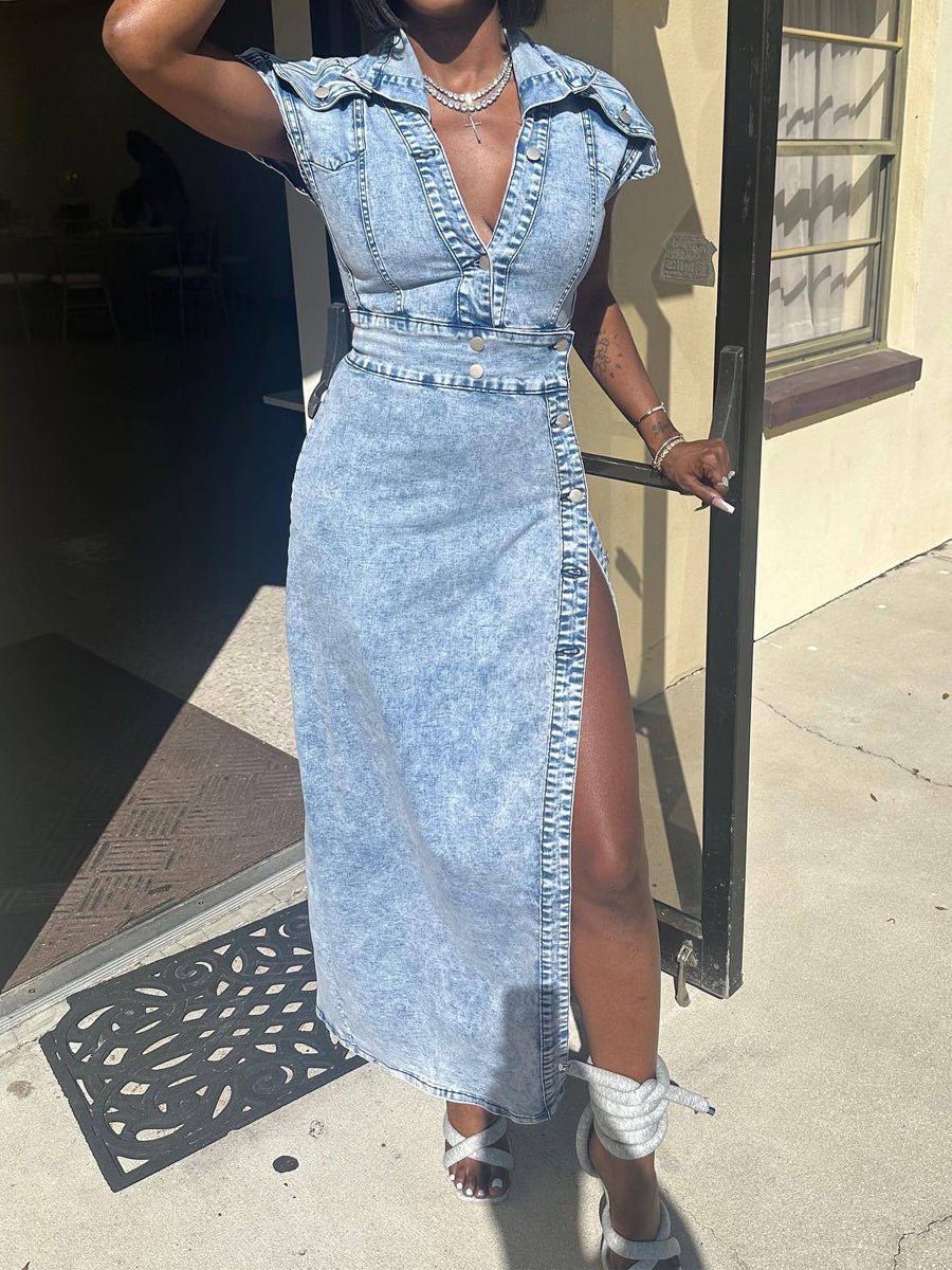 Deep V Neck Split Denim Maxi Dress