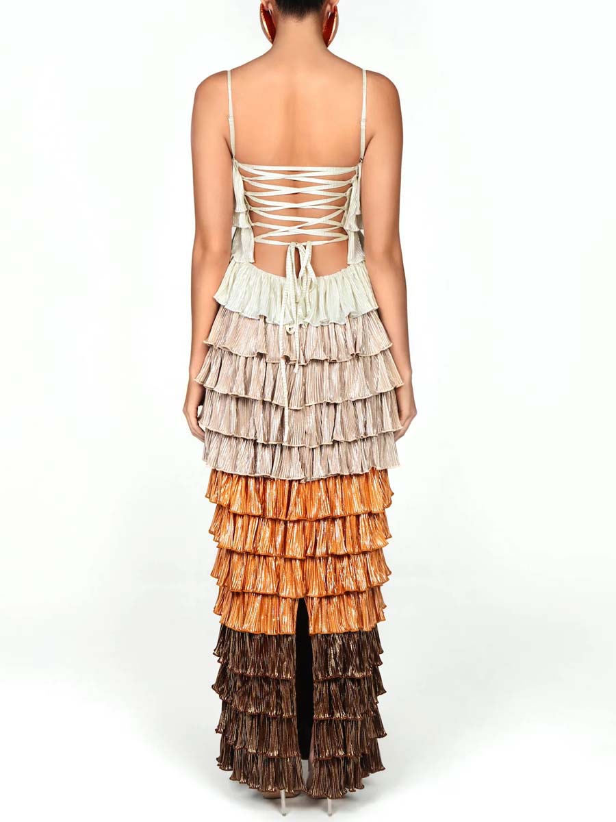 Spaghetti Straps Ruffled Trim Maxi Dress