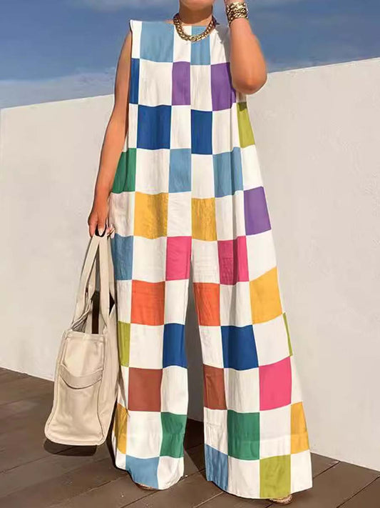 Fashion Check Color Stitching Jumpsuit