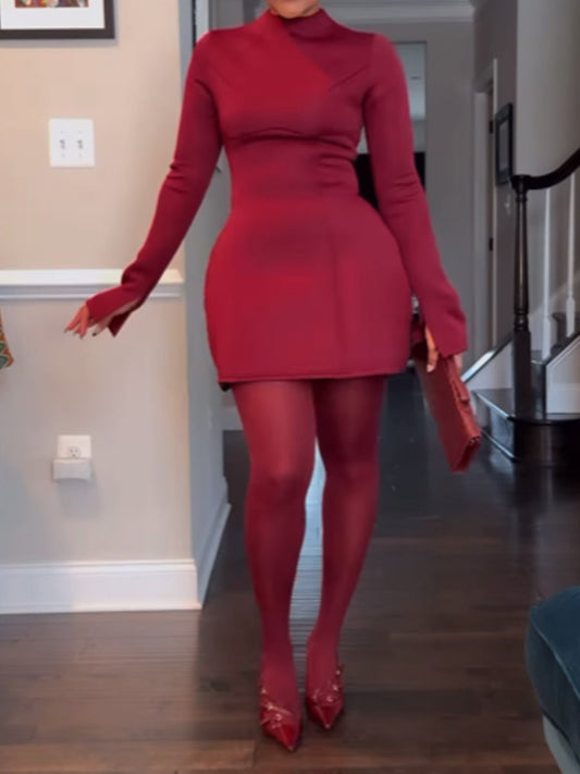 Mock Neck Long Sleeve Backless Sexy Mini Dress