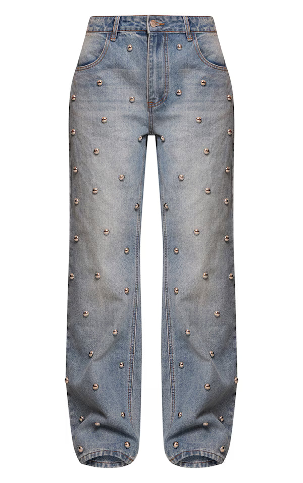 Mid Blue Dome Stud High Waisted Denim Jeans