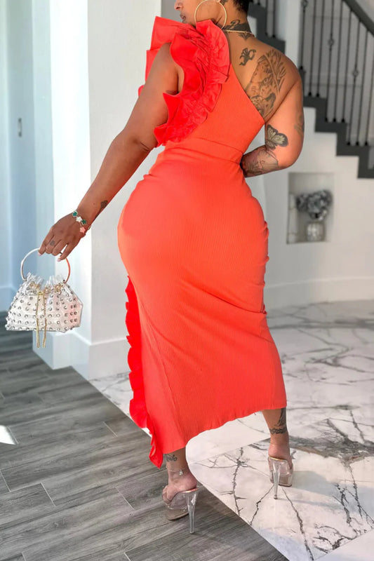 Fiery Ruffle One Shoulder Bodycon Slit Angela Skirt Set