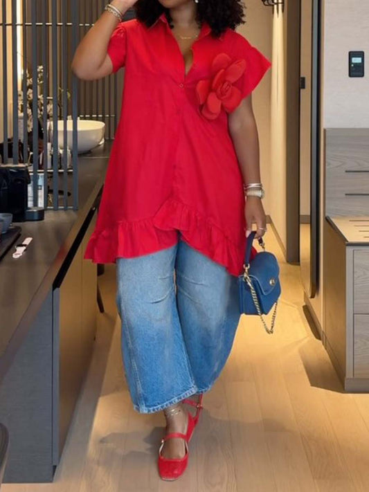 Loose Flounced 3D Flower Shirt Dress