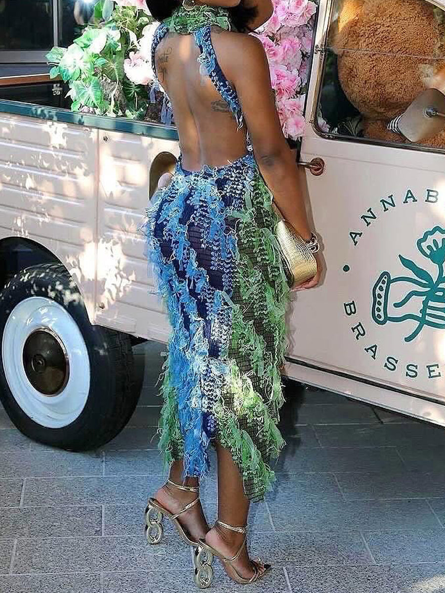 Sexy Turtleneck Sleeveless Tassel See-through Dress