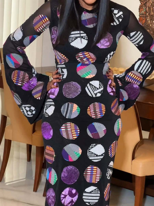 Printed Flare Sleeve Stretch Dress