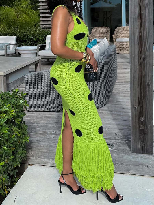 Fringed hem Deep V Neck Maxi Dress