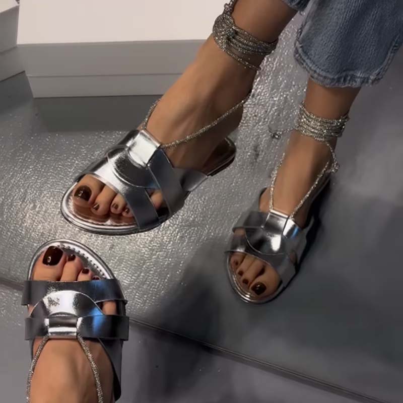 Shinny Woven Strap Flat Slippers