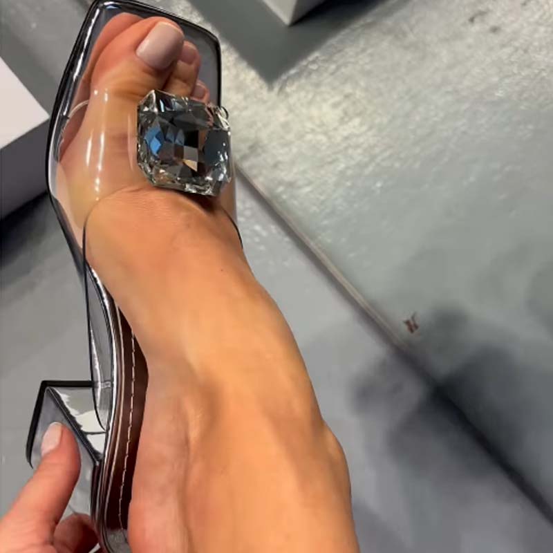 Rhinestone Sparkle Thick Heel Transparent High Heel Slippers