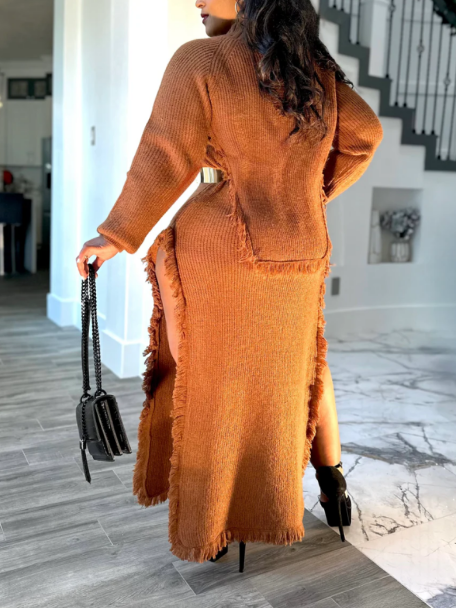 Stretch Knit Side High Split Skirt Set