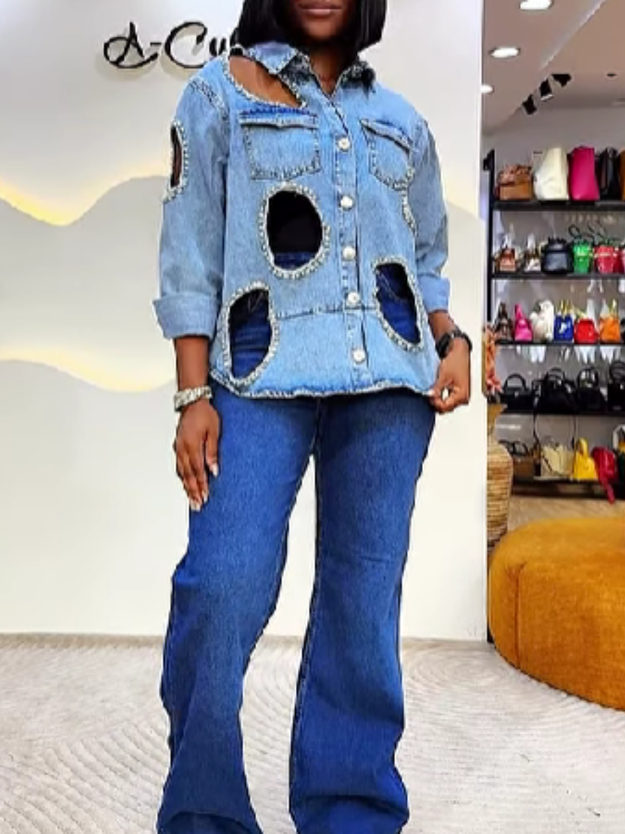 Denim Cutout Rhinestone-Trim Coat