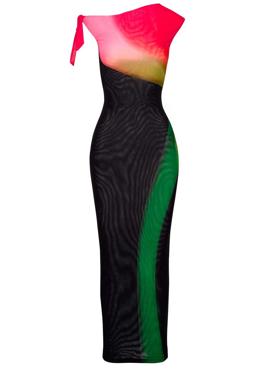 Fashion Stretch Color Block Sexy Skew Neck Dress