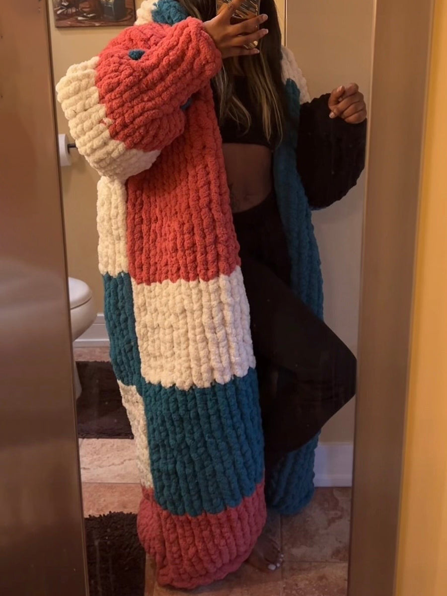 Color Block Hooded Knit Cardigan