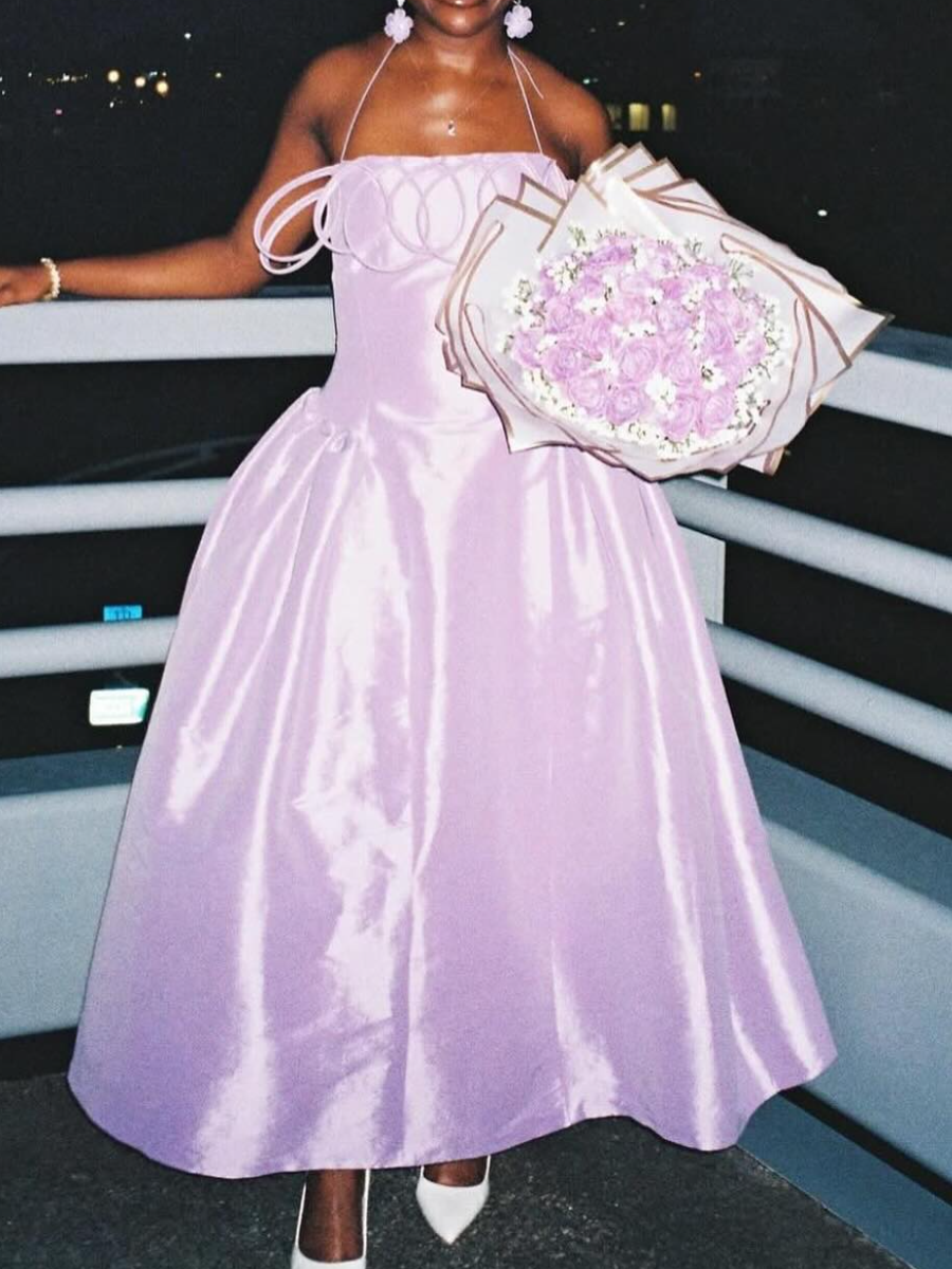 Fashion Hanging Neck Sling Pleated Solid Color Slim Large Dress