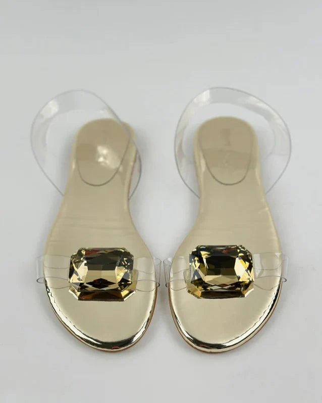 Gold Large Crystal Flat Sandals