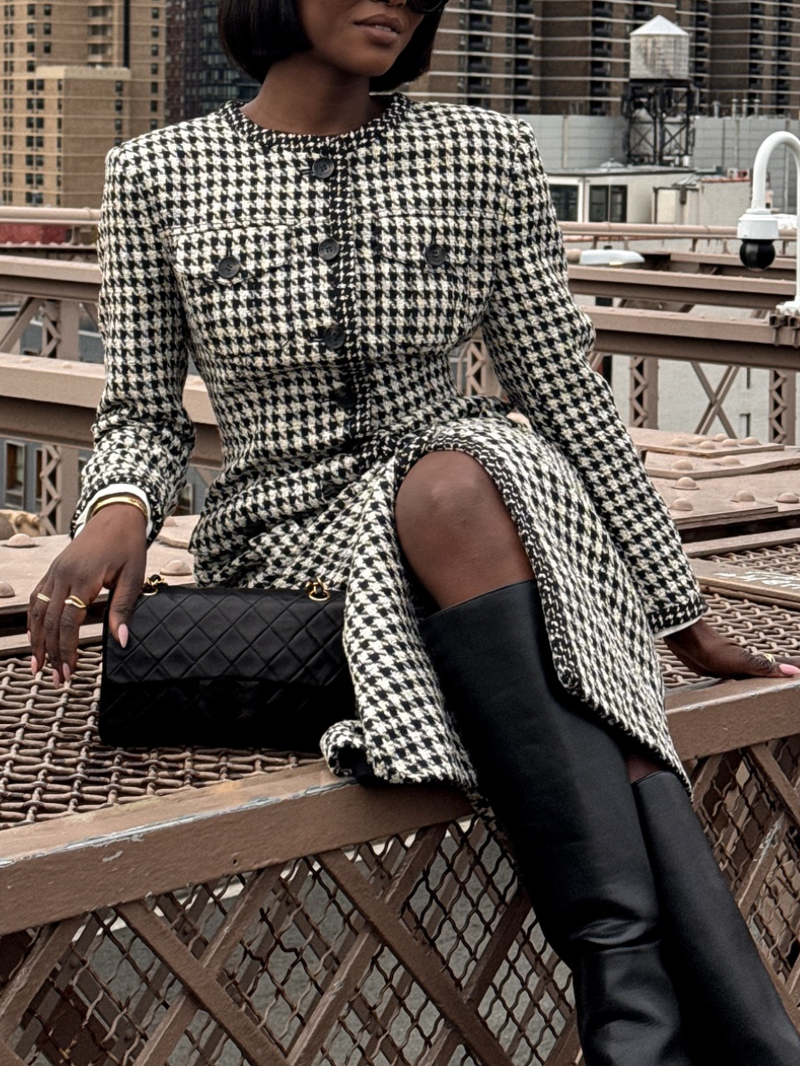 Tweed Button-Up Contrast Dress