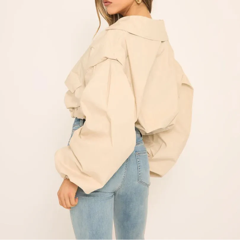 Long Sleeve Cinched Waist Cropped Trench Coat In Stone