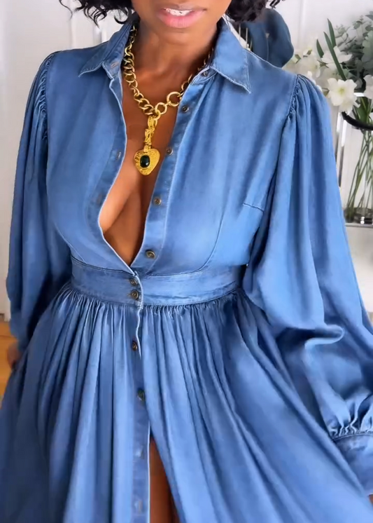 Backless Denim Shirt Maxi Dress