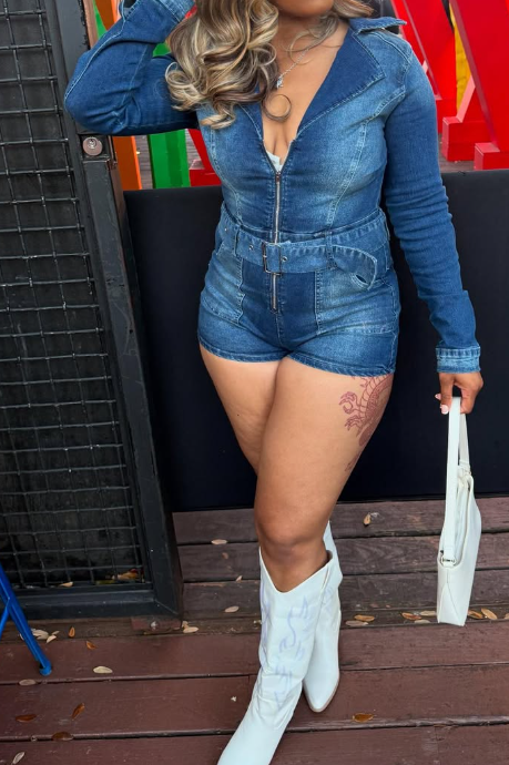 Patchwork Stretch Denim Jumpsuit With Belt