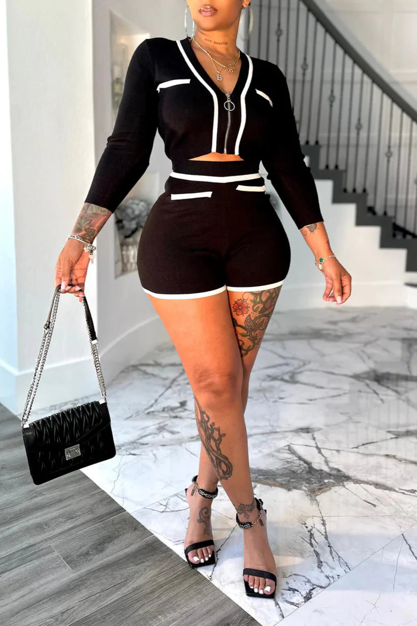 Chic Contrast – Black & White Trim Knit Short Set