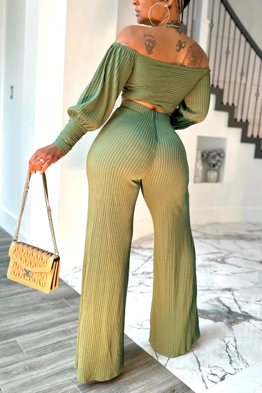 Olive Allure Ribbed Two-Piece Set – Off Shoulder & Wide Leg
