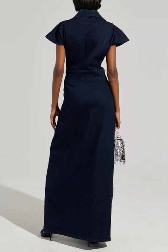 CHELSEA BUTTON SIDE DENIM MAXI DRESS