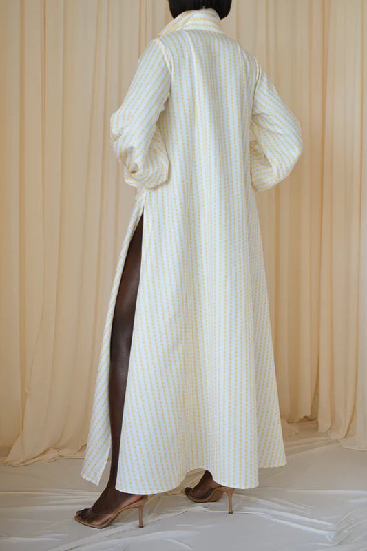 Maxi Flared Shirt Dress in Yellow & White Diamond Stripes