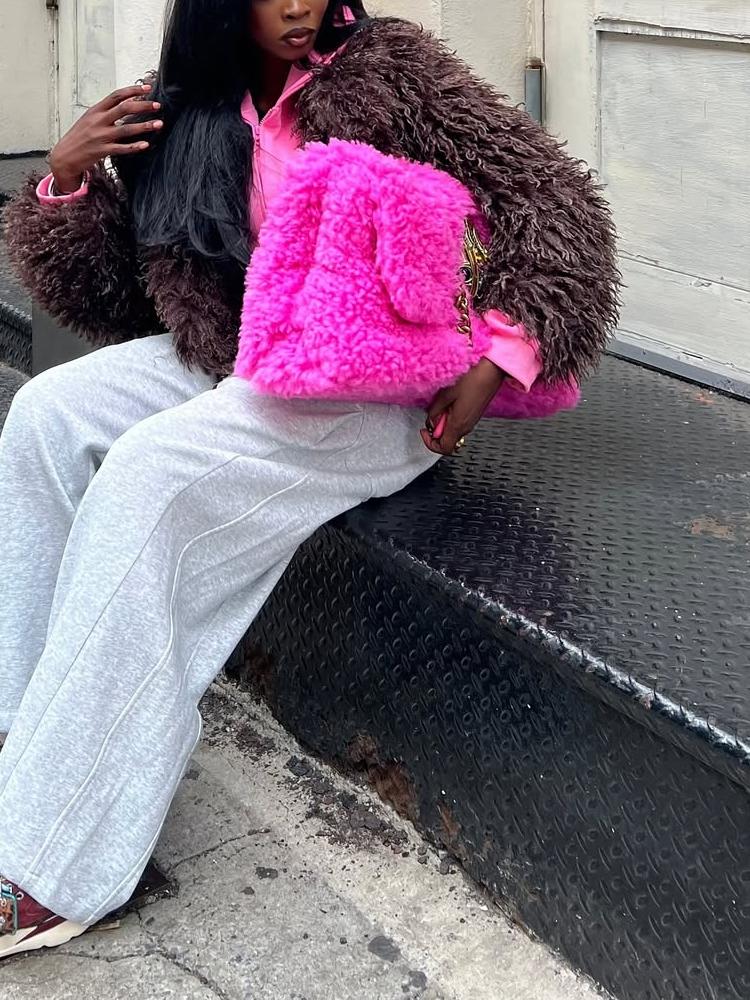 Oversized Plush Bag with Metal Ornament and Chain Strap