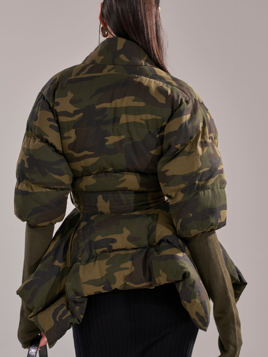 Camouflage Rip Sleeve Ruffle Coat