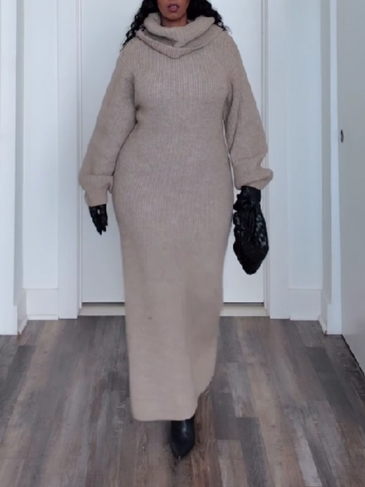 Raglan-Sleeve High-Neck Knit Dress