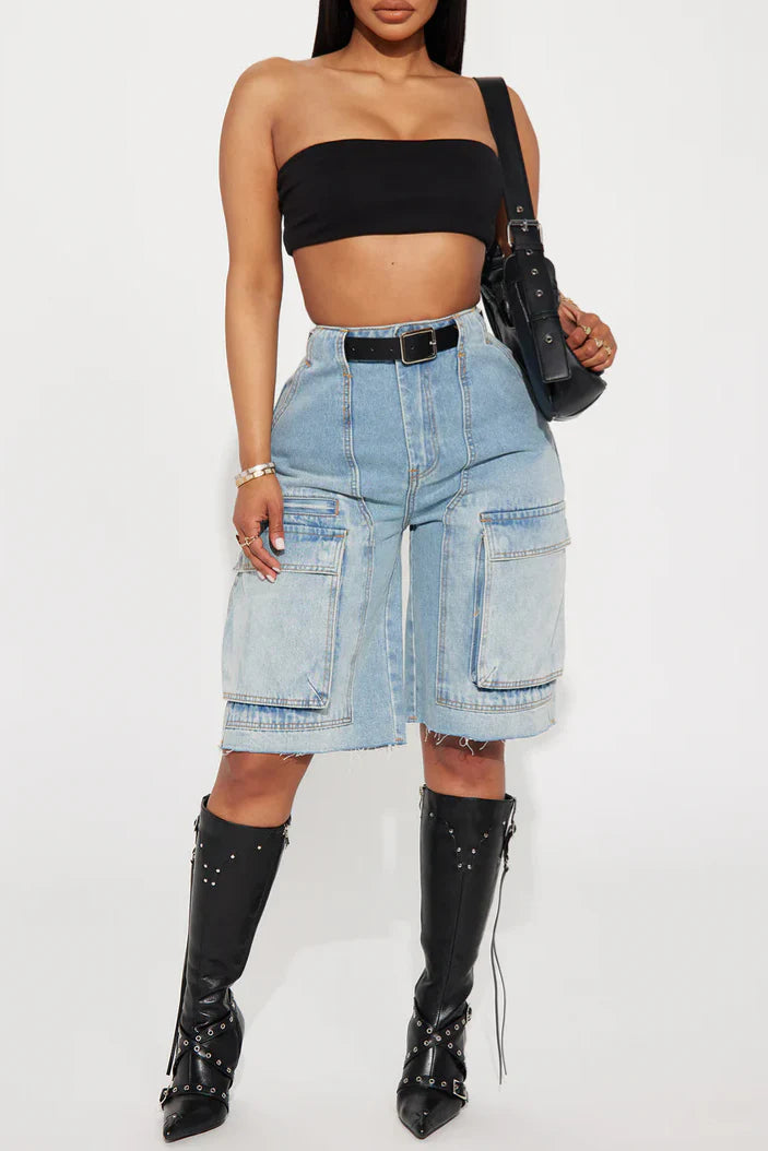 Denim Cargo Jorts - Light Wash